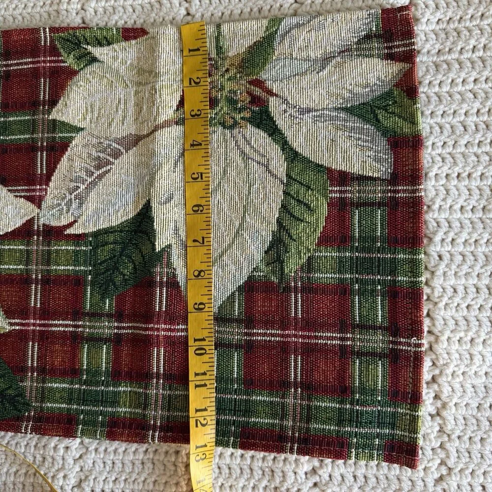 Vintage Jacquard Table Runner Plaid Poinsettia Christmas Woven Tapestry 13